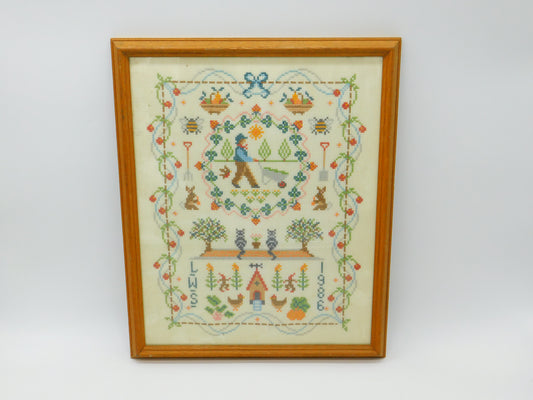 Framed Needlework Wool Sampler Gardening Scene Colourful LWS 1986 Vintage