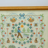 Framed Needlework Wool Sampler Gardening Scene Colourful LWS 1986 Vintage