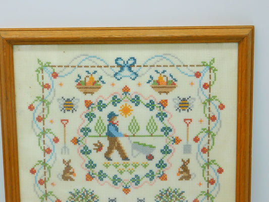 Framed Needlework Wool Sampler Gardening Scene Colourful LWS 1986 Vintage