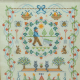 Framed Needlework Wool Sampler Gardening Scene Colourful LWS 1986 Vintage