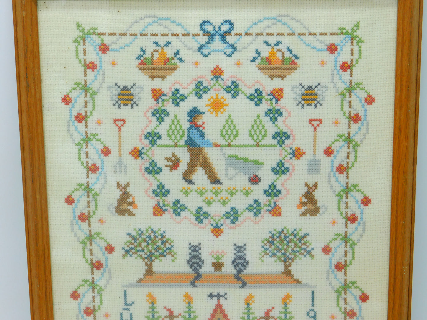 Framed Needlework Wool Sampler Gardening Scene Colourful LWS 1986 Vintage