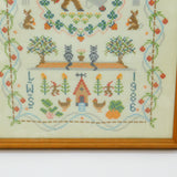 Framed Needlework Wool Sampler Gardening Scene Colourful LWS 1986 Vintage