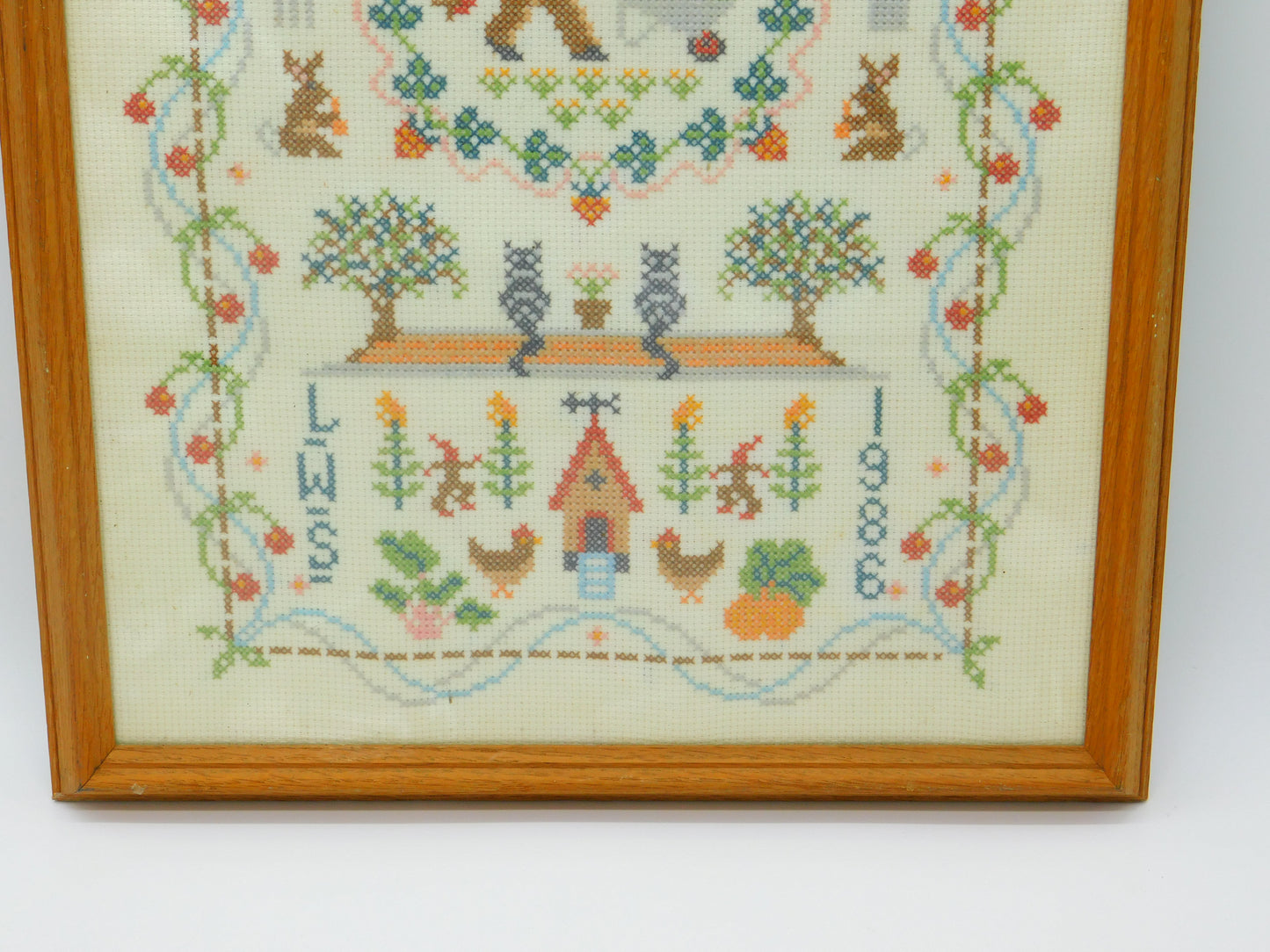 Framed Needlework Wool Sampler Gardening Scene Colourful LWS 1986 Vintage