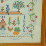 Framed Needlework Wool Sampler Gardening Scene Colourful LWS 1986 Vintage