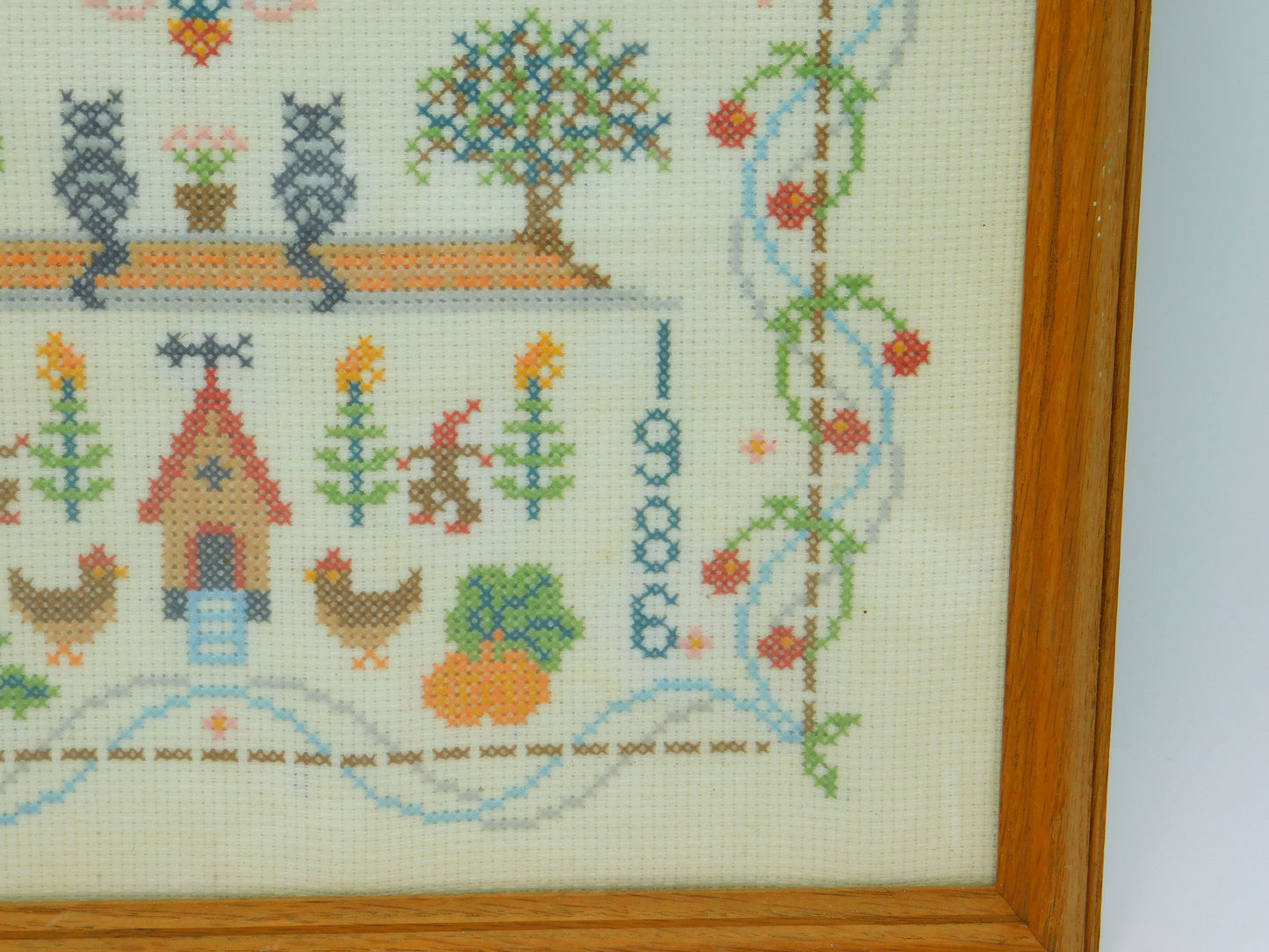 Framed Needlework Wool Sampler Gardening Scene Colourful LWS 1986 Vintage