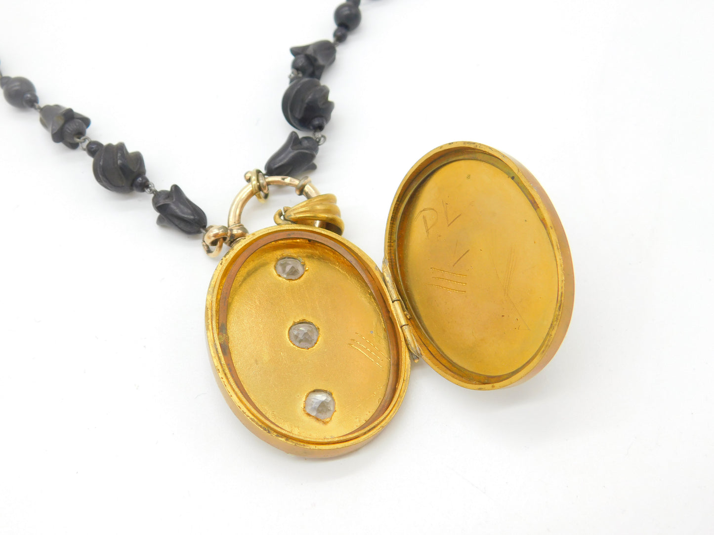 Victorian Whitby Jet, Rolled Gold Large Mourning Locket Necklace Antique c1850