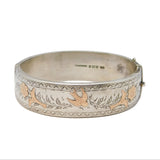 Sterling Silver Gold Fronted Swallow Bird & Flower Cuff Bangle Vintage 1981 Birmingham