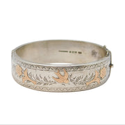 Sterling Silver Gold Fronted Swallow Bird & Flower Cuff Bangle Vintage 1981 Birmingham