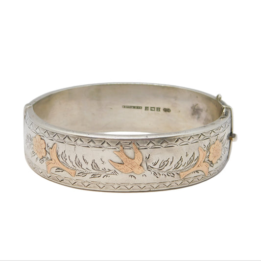 Sterling Silver Gold Fronted Swallow Bird & Flower Cuff Bangle Vintage 1981 Birmingham