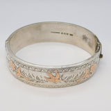 Sterling Silver Gold Fronted Swallow Bird & Flower Cuff Bangle Vintage 1981 Birmingham