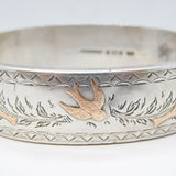 Sterling Silver Gold Fronted Swallow Bird & Flower Cuff Bangle Vintage 1981 Birmingham