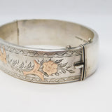 Sterling Silver Gold Fronted Swallow Bird & Flower Cuff Bangle Vintage 1981 Birmingham