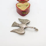 Victorian Sterling Silver Dove of Peace with Love Heart Brooch Antique c1860