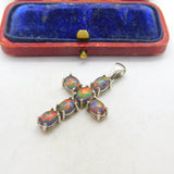 Sterling Silver & Cabochon Doublet Opal Set Cross Pendant Vintage