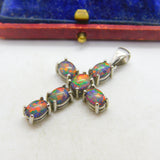 Sterling Silver & Cabochon Doublet Opal Set Cross Pendant Vintage