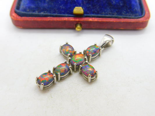 Sterling Silver & Cabochon Doublet Opal Set Cross Pendant Vintage