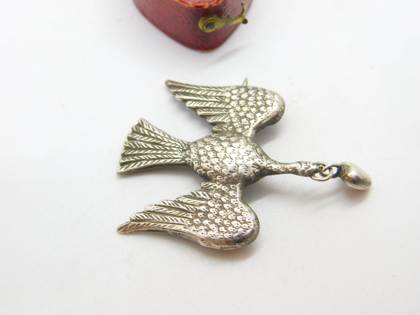 Victorian Sterling Silver Dove of Peace with Love Heart Brooch Antique c1860