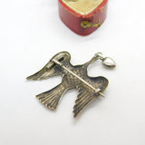 Victorian Sterling Silver Dove of Peace with Love Heart Brooch Antique c1860