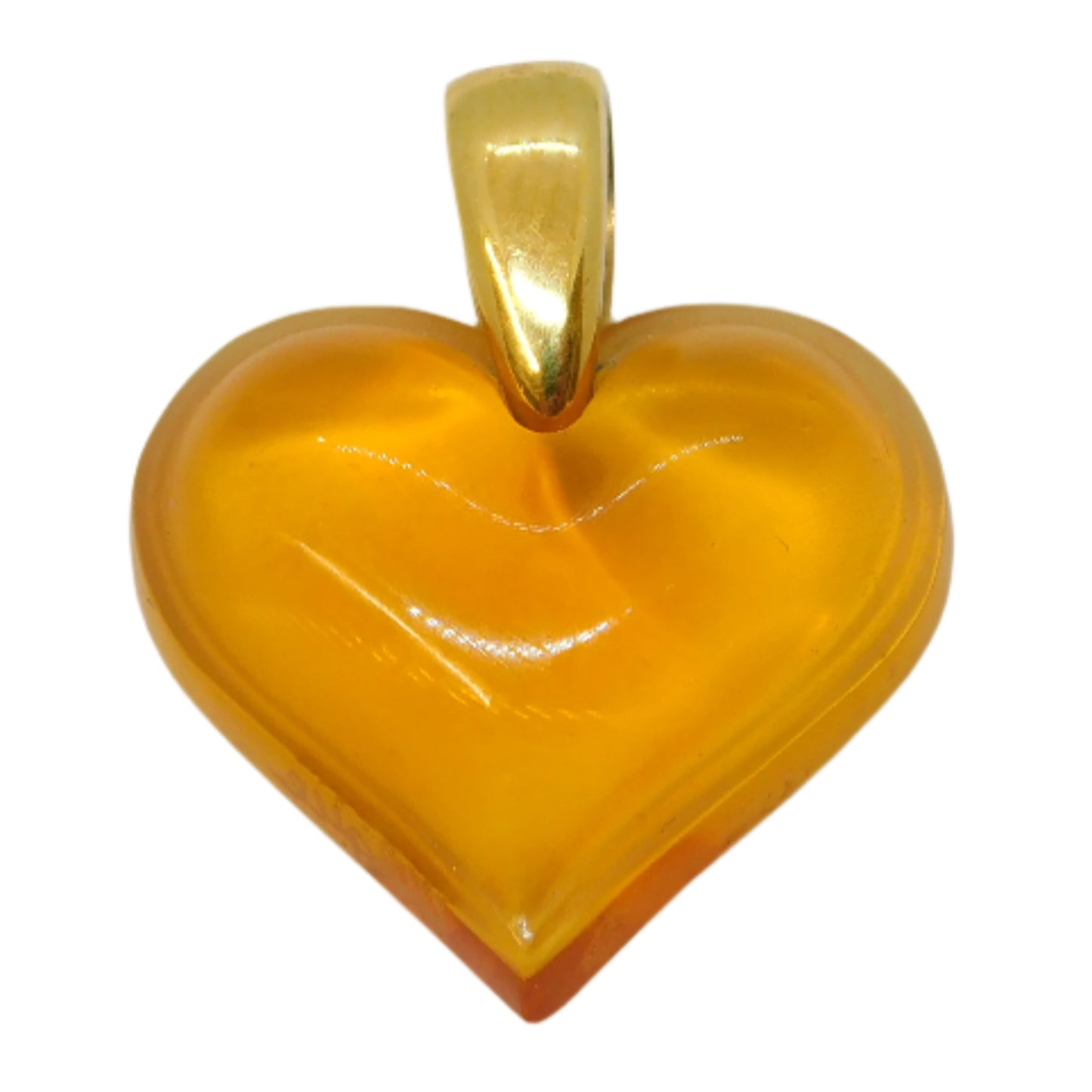 20th Century Lalique Honey Amber Glass Heart Drop Pendant Gold Bale Vintage c1970