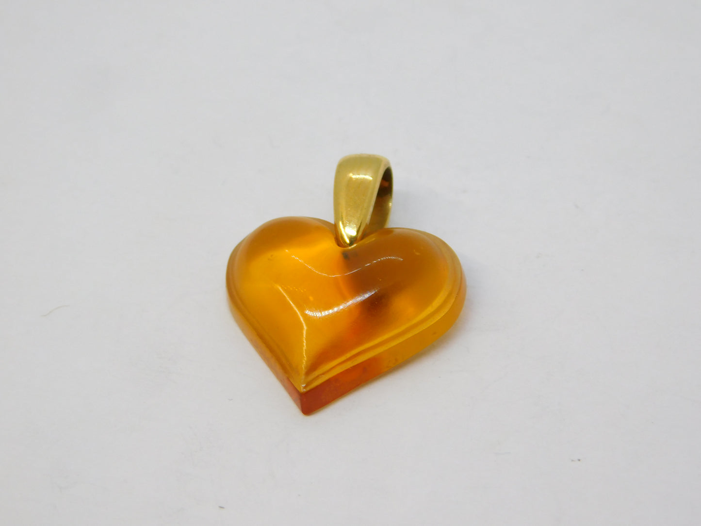 20th Century Lalique Honey Amber Glass Heart Drop Pendant Gold Bale Vintage c1970