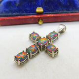 Sterling Silver & Cabochon Doublet Opal Set Cross Pendant Vintage