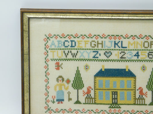 Framed Needlework Colorful Educational Wool Sampler Alphabet & Numbers Vintage c1970