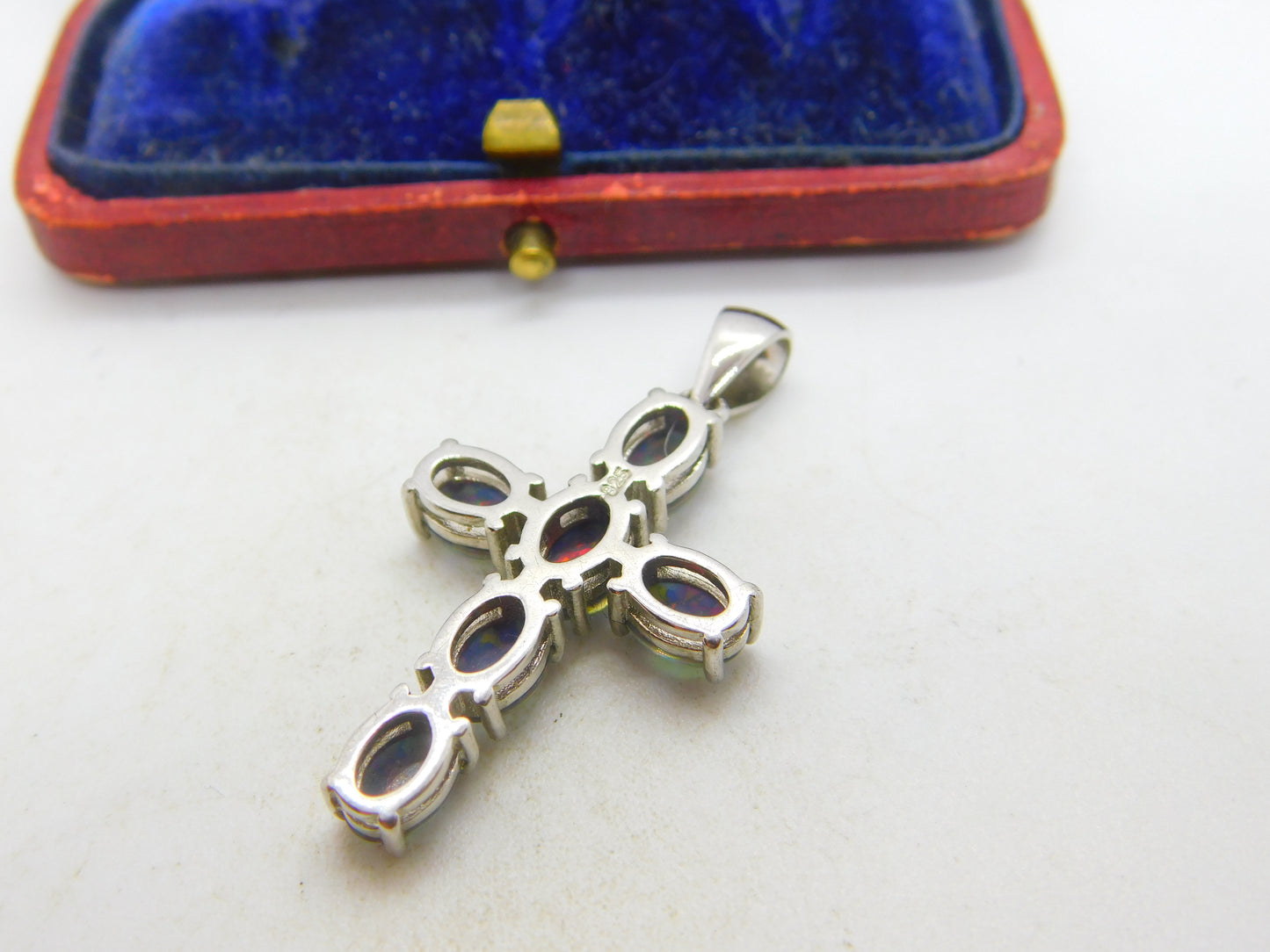 Sterling Silver & Cabochon Doublet Opal Set Cross Pendant Vintage