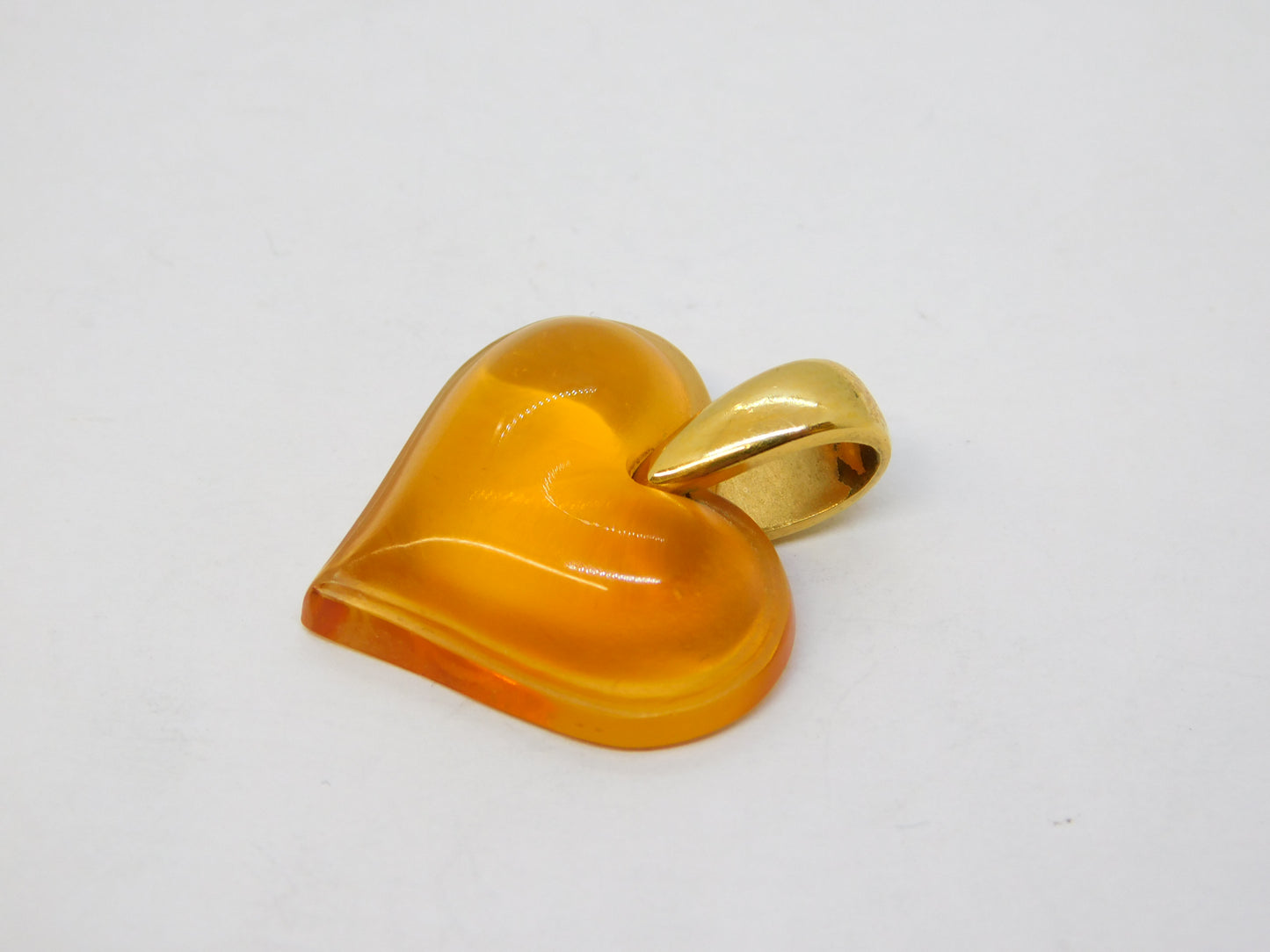 20th Century Lalique Honey Amber Glass Heart Drop Pendant Gold Bale Vintage c1970