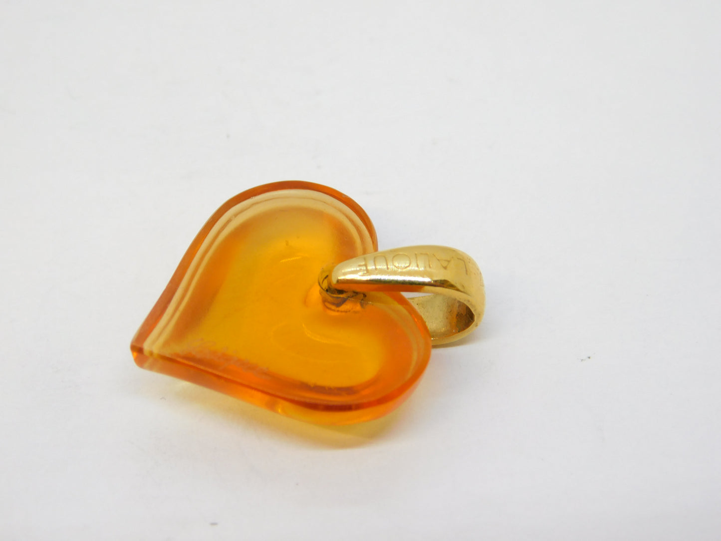 20th Century Lalique Honey Amber Glass Heart Drop Pendant Gold Bale Vintage c1970