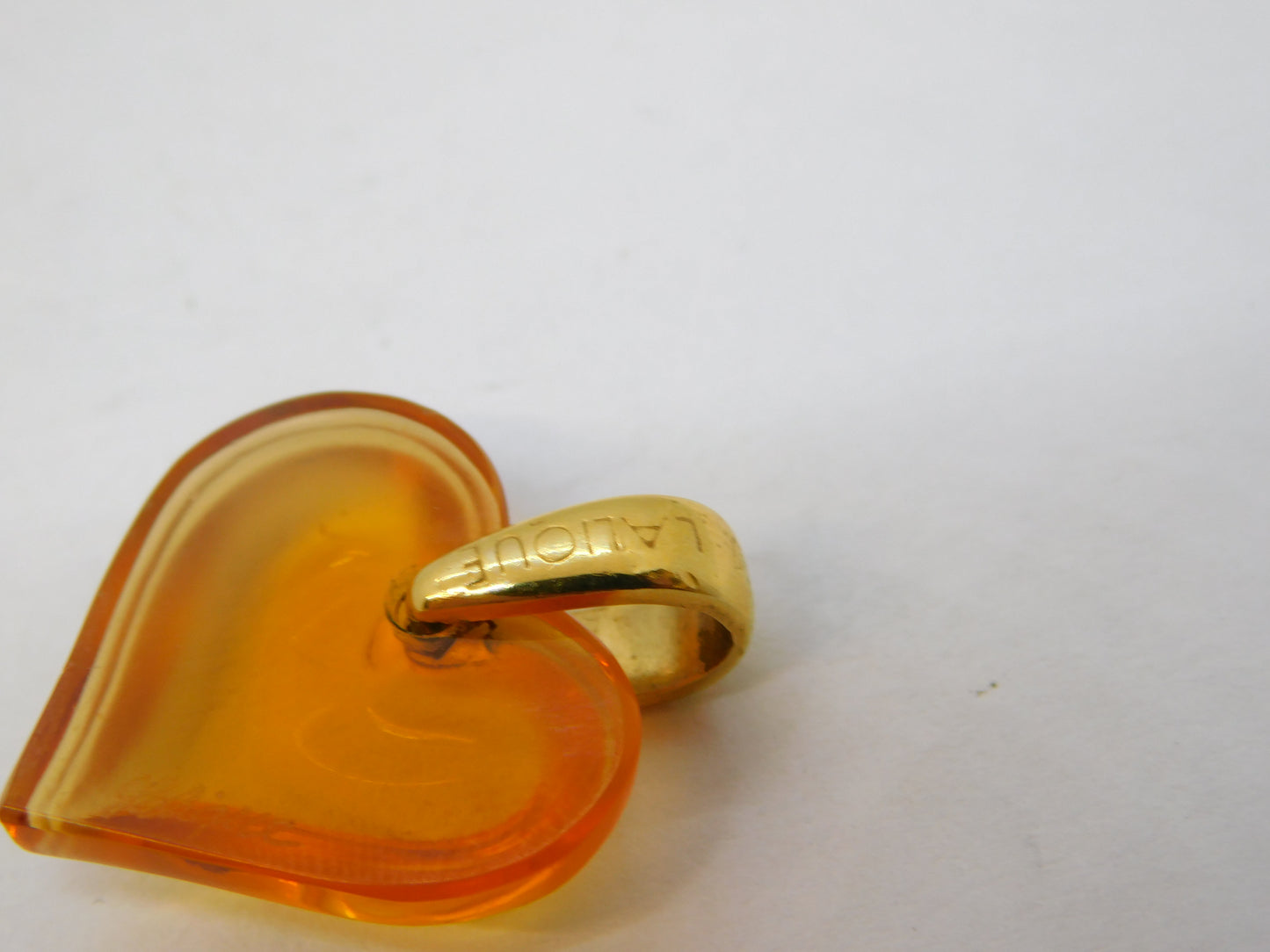 20th Century Lalique Honey Amber Glass Heart Drop Pendant Gold Bale Vintage c1970