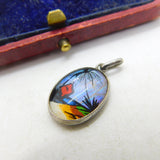 TLM Sterling Silver & Morpho Butterfly Wing Island Scene Charm Pendant Antique