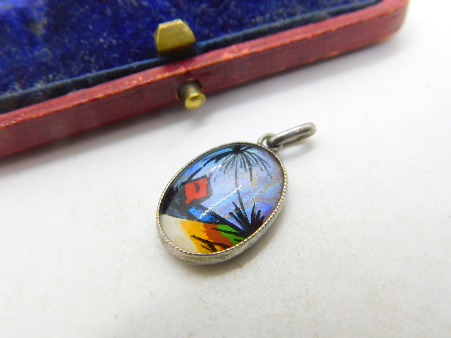 TLM Sterling Silver & Morpho Butterfly Wing Island Scene Charm Pendant Antique