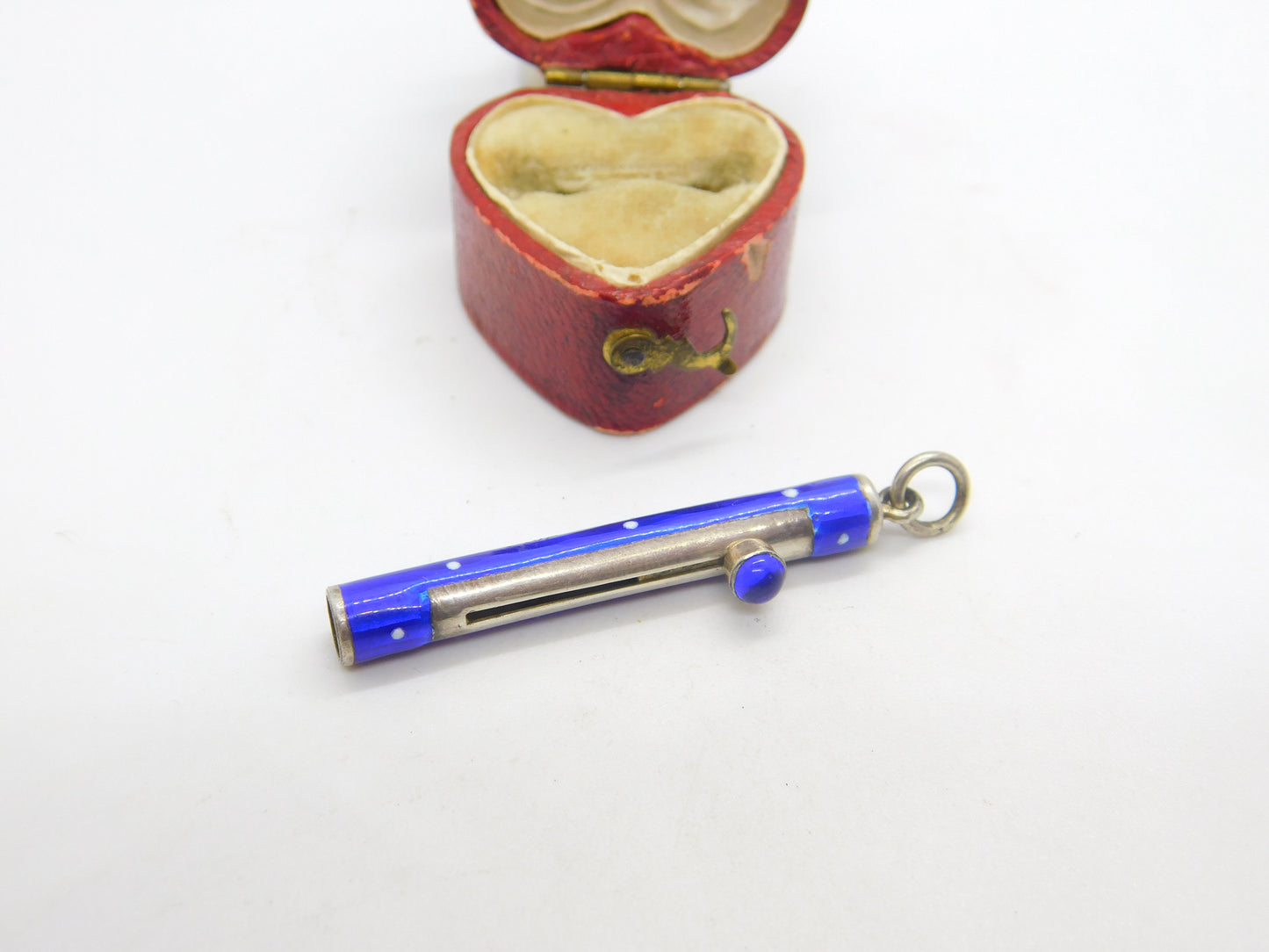 Sterling Silver & Blue Dotted Enamel Propelling Pencil Case with Cabochon c1920