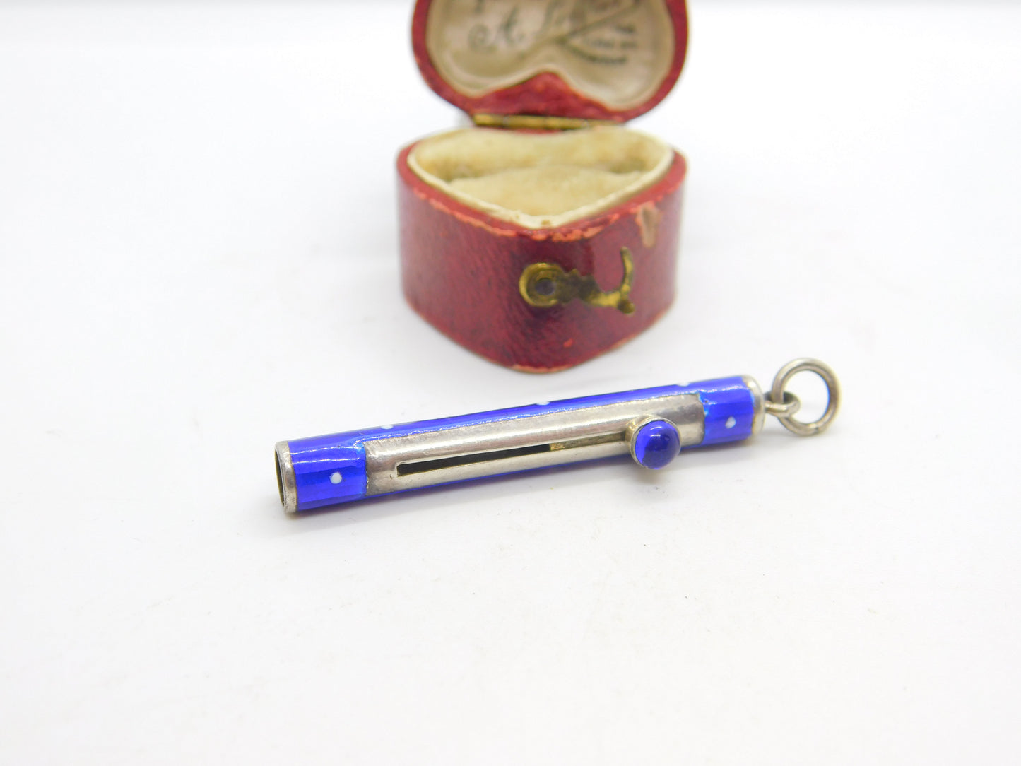 Sterling Silver & Blue Dotted Enamel Propelling Pencil Case with Cabochon c1920