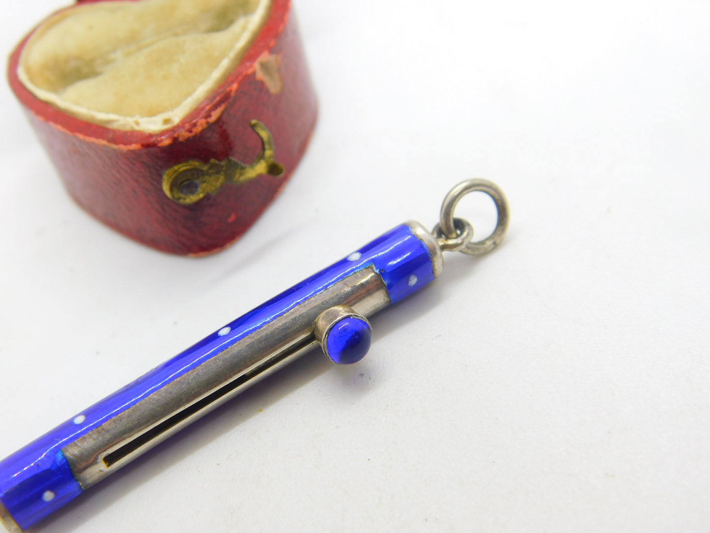 Sterling Silver & Blue Dotted Enamel Propelling Pencil Case with Cabochon c1920