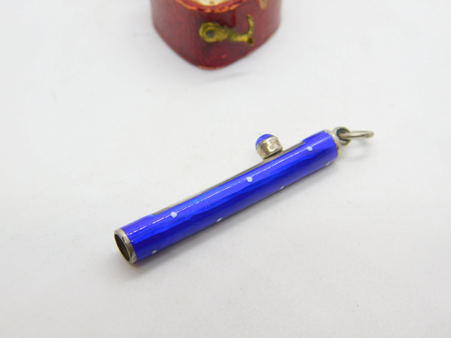 Sterling Silver & Blue Dotted Enamel Propelling Pencil Case with Cabochon c1920