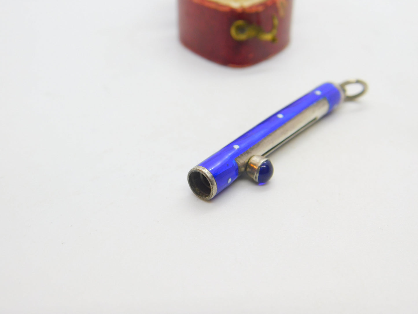 Sterling Silver & Blue Dotted Enamel Propelling Pencil Case with Cabochon c1920