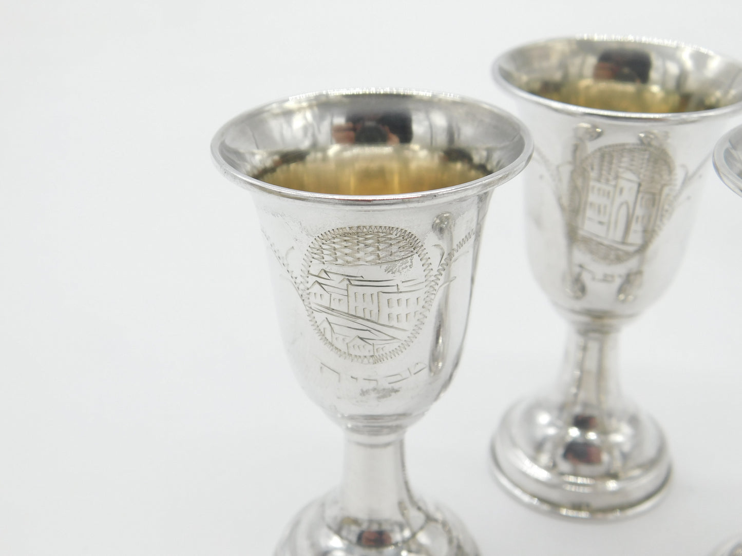 Russian .875 84 Silver Set of 3 Vodka Shot Cups City Scenes Antique c1930