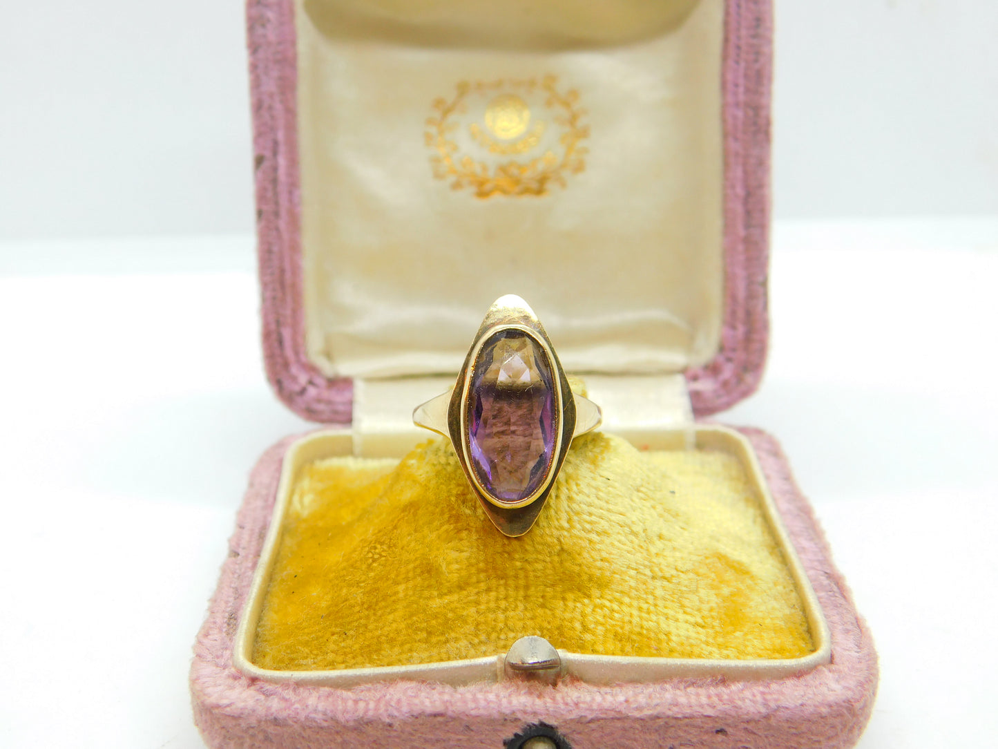 9ct Yellow Gold & Marquise Set Amethyst Dress Ring Vintage 1991 Birmingham