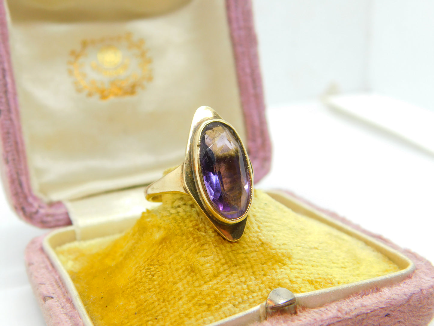 9ct Yellow Gold & Marquise Set Amethyst Dress Ring Vintage 1991 Birmingham