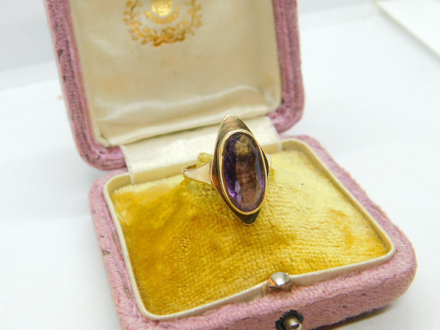 9ct Yellow Gold & Marquise Set Amethyst Dress Ring Vintage 1991 Birmingham