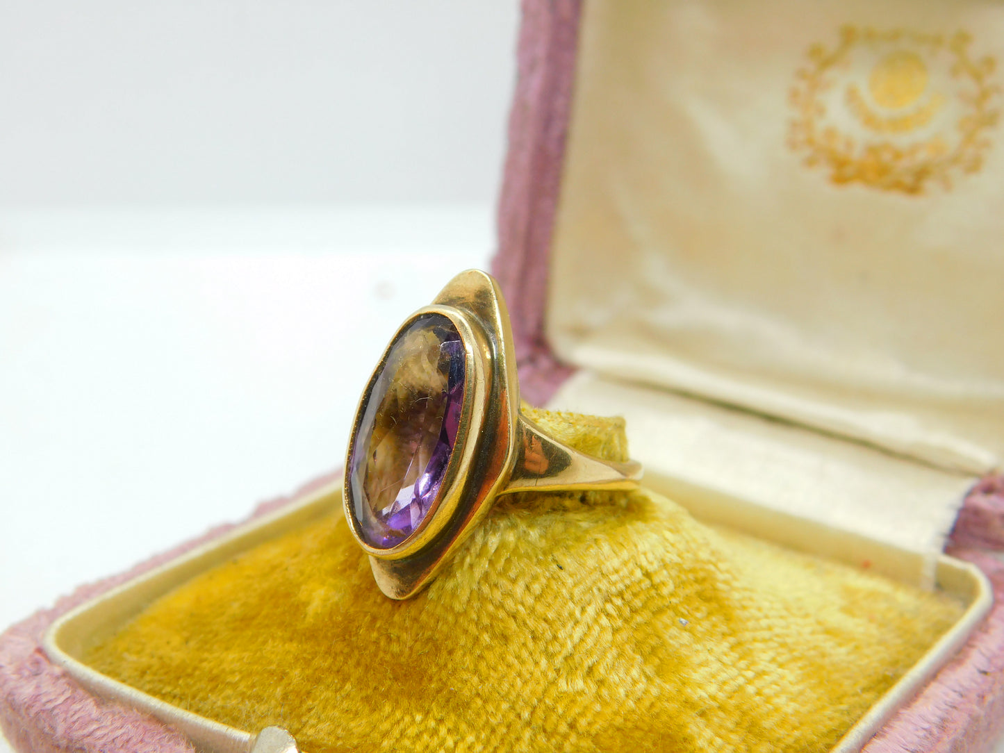 9ct Yellow Gold & Marquise Set Amethyst Dress Ring Vintage 1991 Birmingham