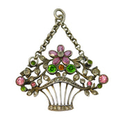 Victorian Sterling Silver, Multi-Gem Set Flower Basket Drop Pendant Antique c1880