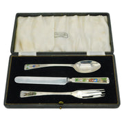 Sterling Silver & Enamel Boxed Nursery Rhyme Cutlery Set Antique Birmingham Elkington & Co
