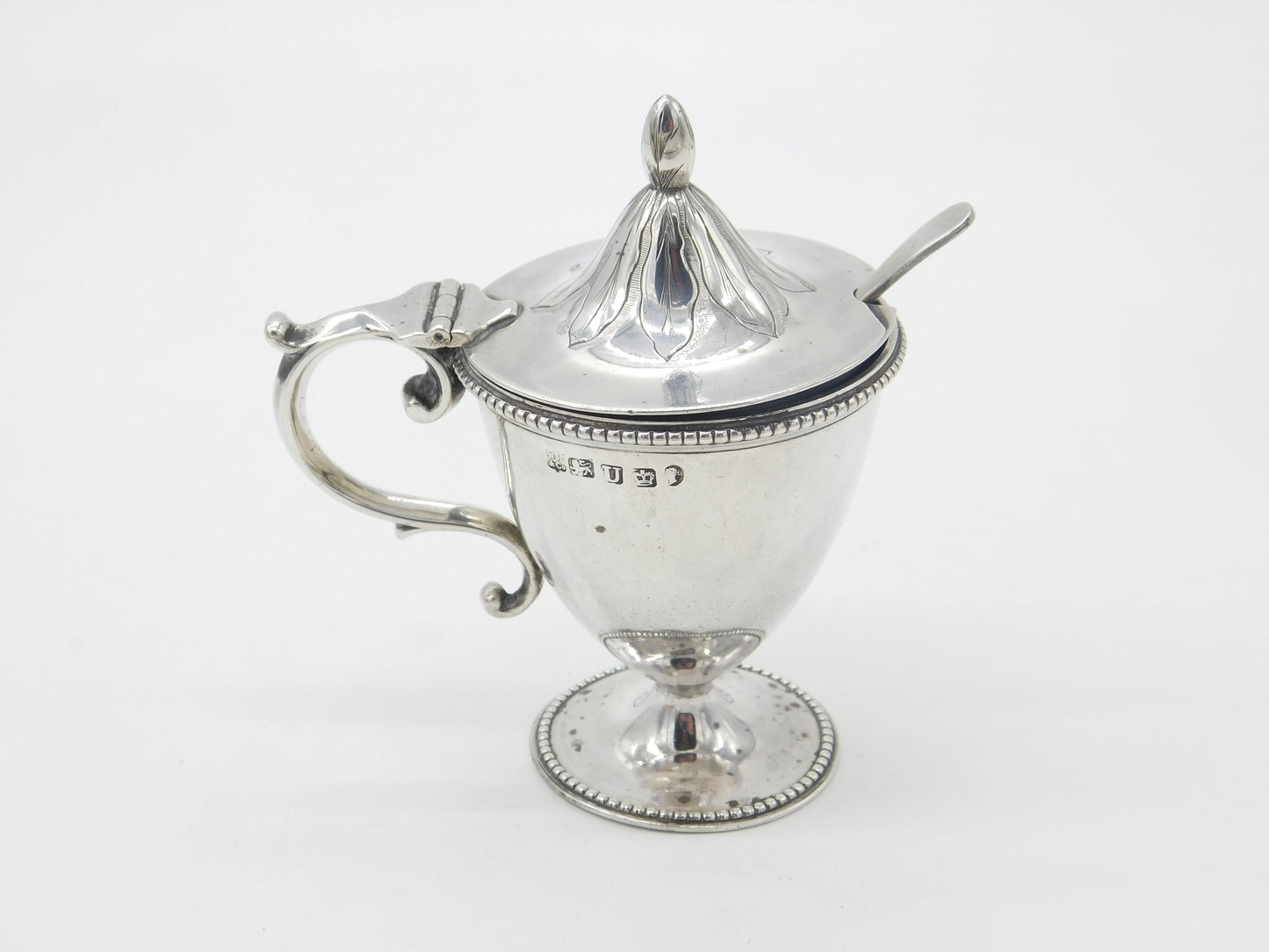 Victorian Floral Sterling Silver Blue Lined Pedestal Mustard Pot 1862 Sheffield