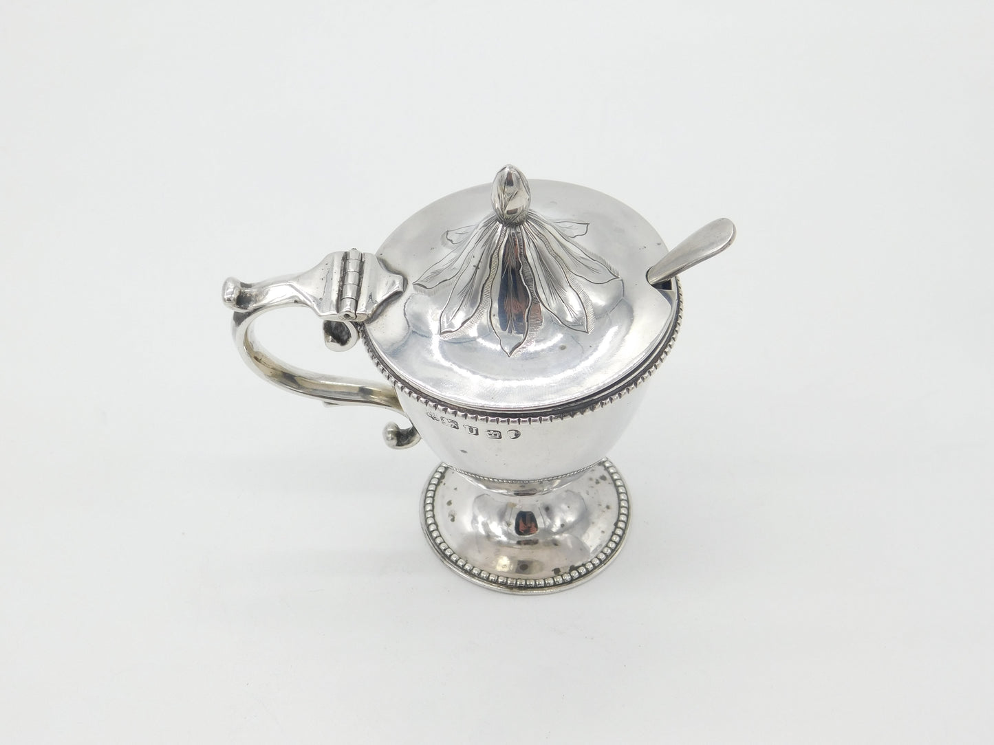 Victorian Floral Sterling Silver Blue Lined Pedestal Mustard Pot 1862 Sheffield