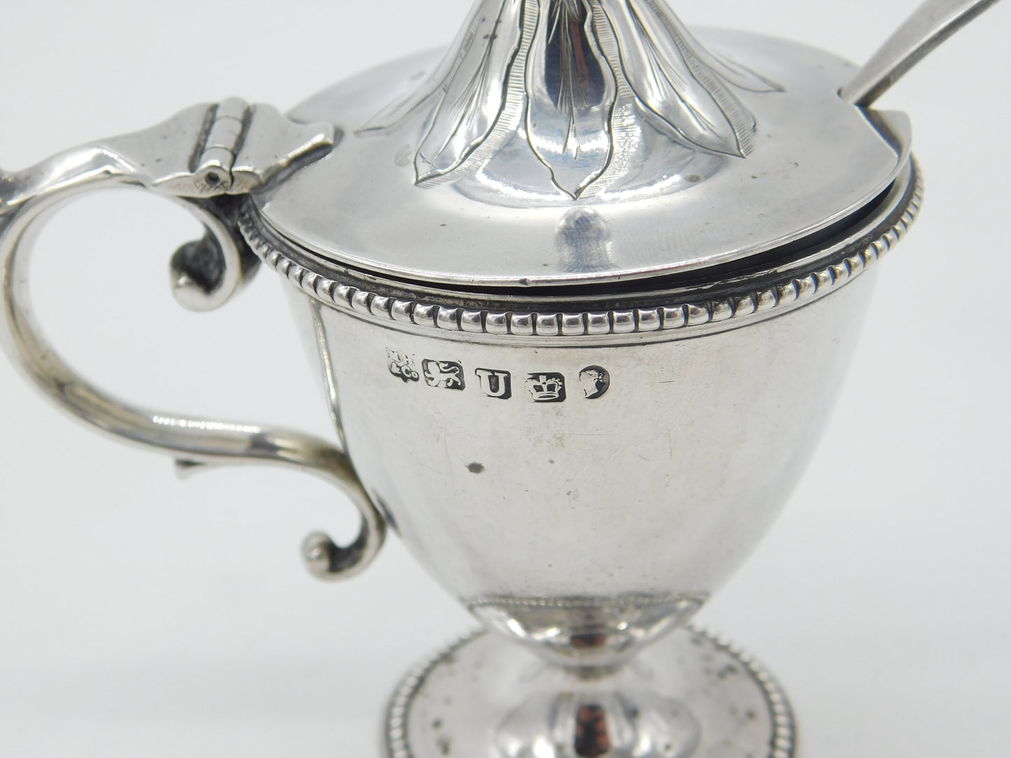 Victorian Floral Sterling Silver Blue Lined Pedestal Mustard Pot 1862 Sheffield