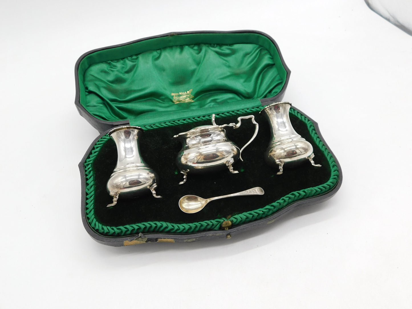 Boxed Sterling Silver Cruet Mustard & Pepper Set Antique 1917 Sheffield