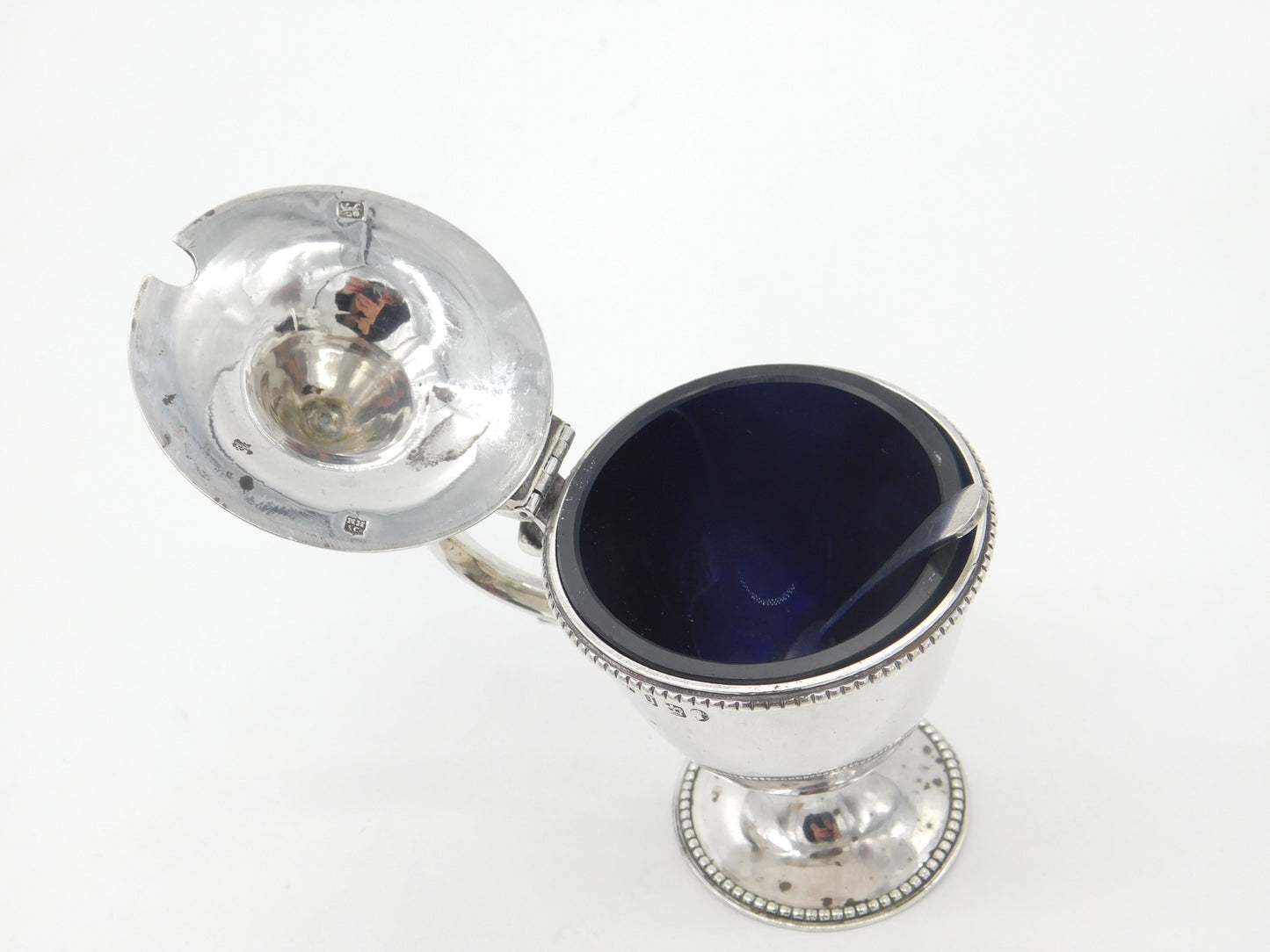 Victorian Floral Sterling Silver Blue Lined Pedestal Mustard Pot 1862 Sheffield