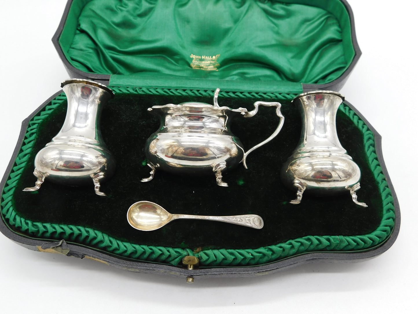 Boxed Sterling Silver Cruet Mustard & Pepper Set Antique 1917 Sheffield
